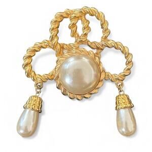 PARK LANE Vintage Brooch Pin Gold Tone Signed Faux Pearl Drop Dangle Rope Design